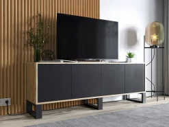 Móvel De Tv| Móvel de TV com 4 portas - corpo carvalho wotan frentes mate - 150 cm, pés de metal Preto