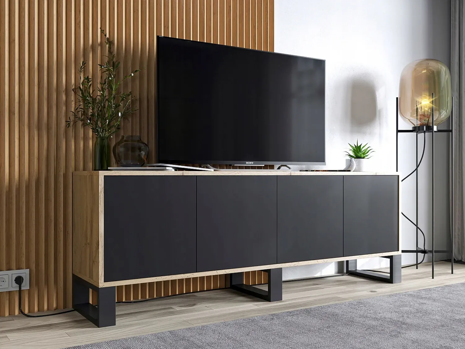 Móvel De Tv| Móvel de TV com 4 portas - corpo carvalho wotan frentes mate - 150 cm, pés de metal Preto