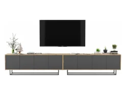 Móvel De Tv* Móvel de TV com 8 portas – corpo carvalho wotan, frentes grafite mate – 300 cm, estrutura metálica Cinzento