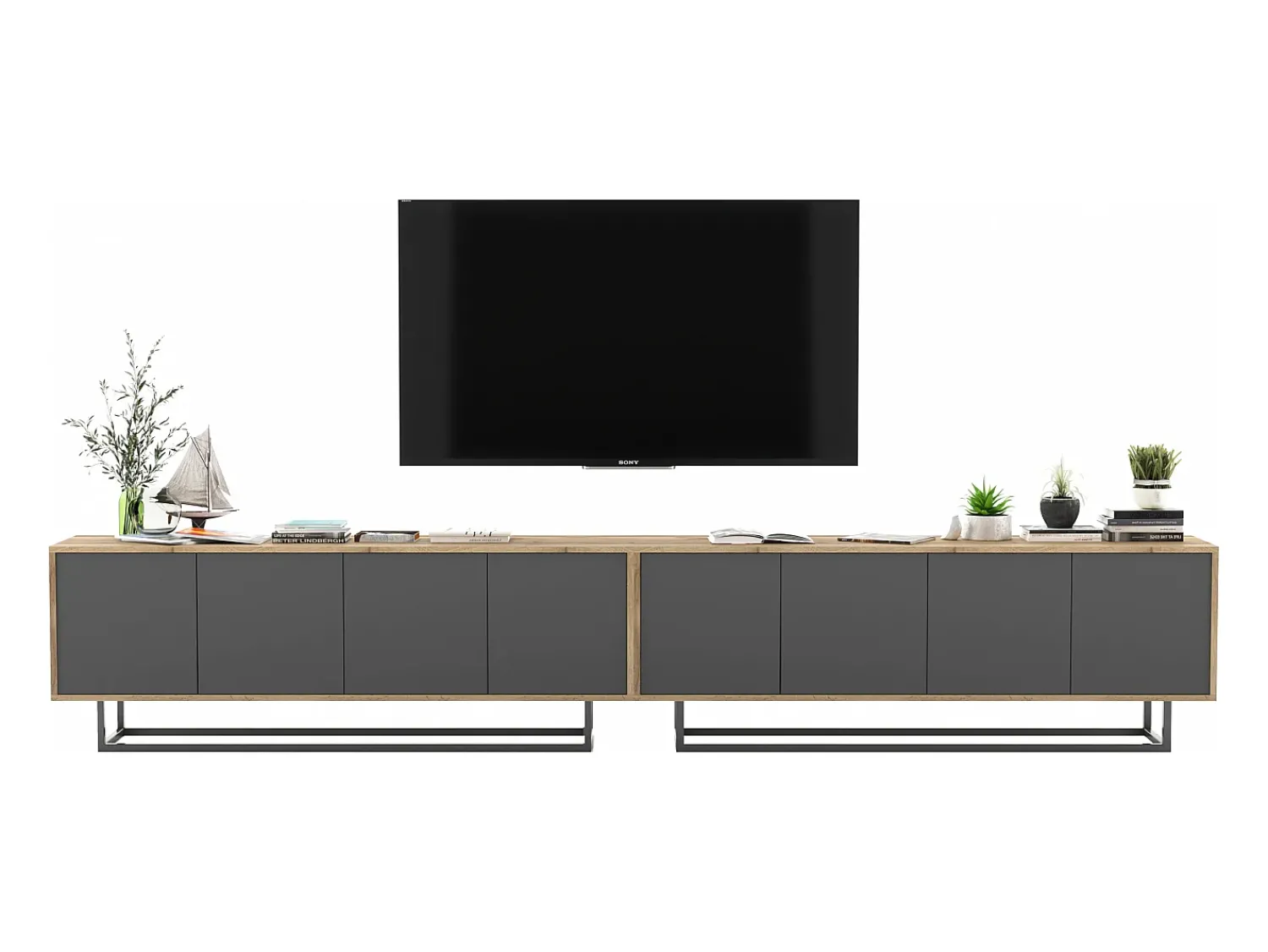 Móvel De Tv* Móvel de TV com 8 portas – corpo carvalho wotan, frentes grafite mate – 300 cm, estrutura metálica Cinzento