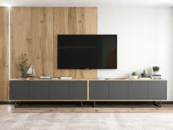 Móvel De Tv* Móvel de TV com 8 portas – corpo carvalho wotan, frentes grafite mate – 300 cm, estrutura metálica Cinzento