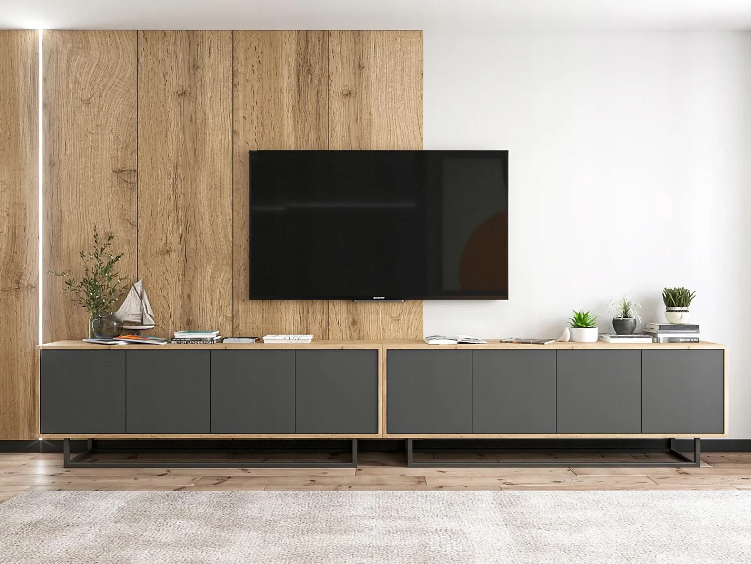 Móvel De Tv* Móvel de TV com 8 portas – corpo carvalho wotan, frentes grafite mate – 300 cm, estrutura metálica Cinzento