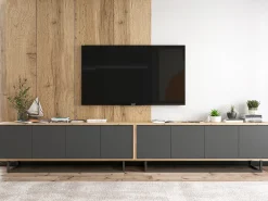 Móvel De Tv* Móvel de TV com 8 portas – corpo carvalho wotan, frentes grafite mate – 300 cm, estrutura metálica Cinzento