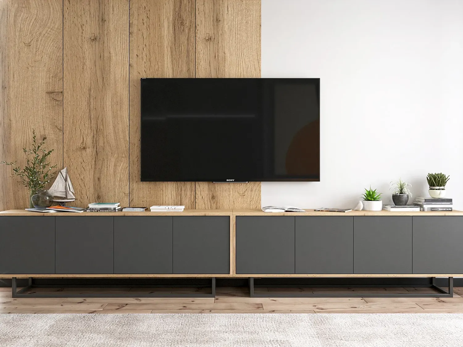 Móvel De Tv* Móvel de TV com 8 portas – corpo carvalho wotan, frentes grafite mate – 300 cm, estrutura metálica Cinzento