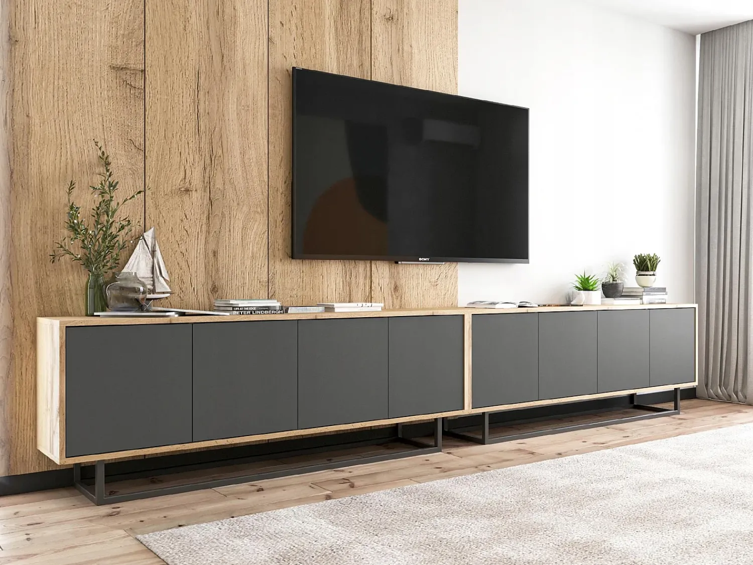 Móvel De Tv* Móvel de TV com 8 portas – corpo carvalho wotan, frentes grafite mate – 300 cm, estrutura metálica Cinzento