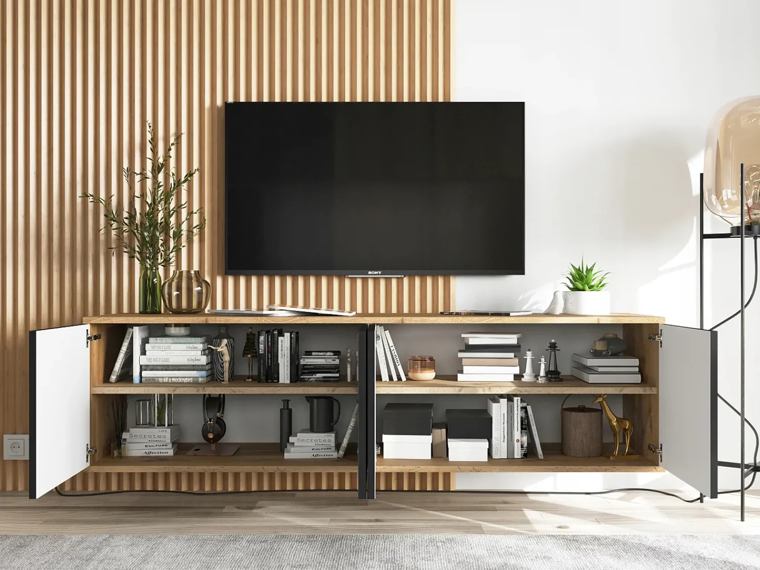 Móvel de TV com 4 portas - corpo carvalho wotan frentes mate - 150 cm^ Móvel De Tv