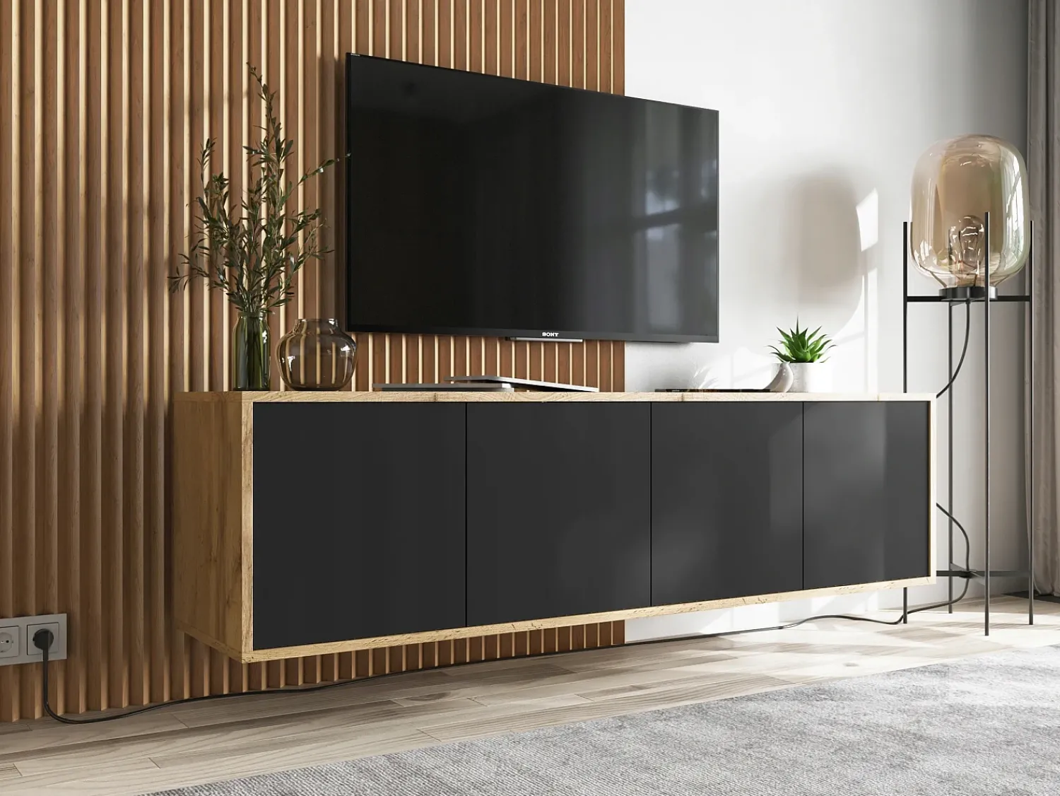Móvel de TV com 4 portas - corpo carvalho wotan frentes mate - 150 cm^ Móvel De Tv