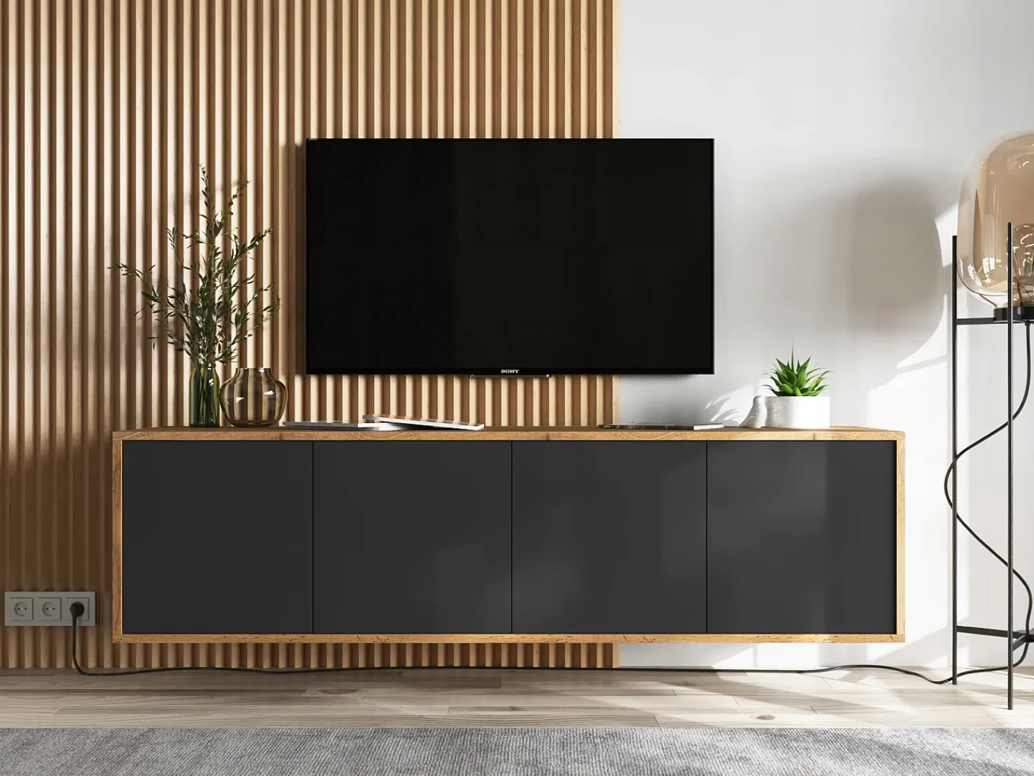 Móvel de TV com 4 portas - corpo carvalho wotan frentes mate - 150 cm^ Móvel De Tv