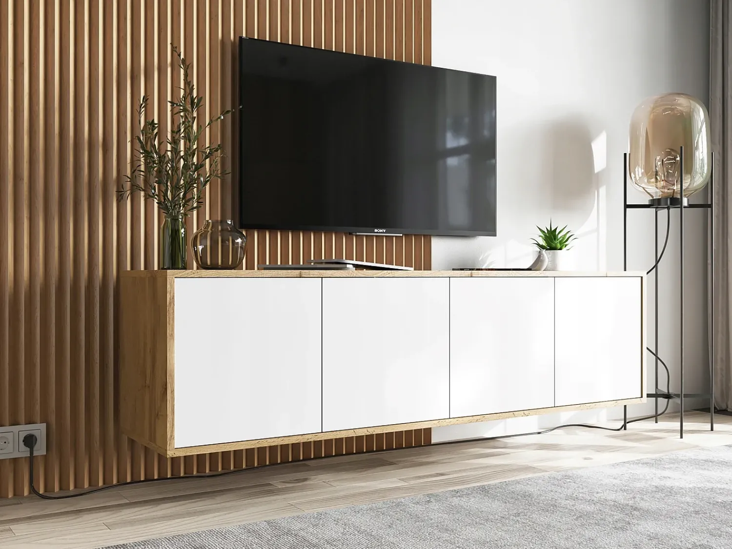 Móvel De Tv* Móvel de TV com 4 portas - corpo carvalho wotan frentes mate - 150 cm Branco