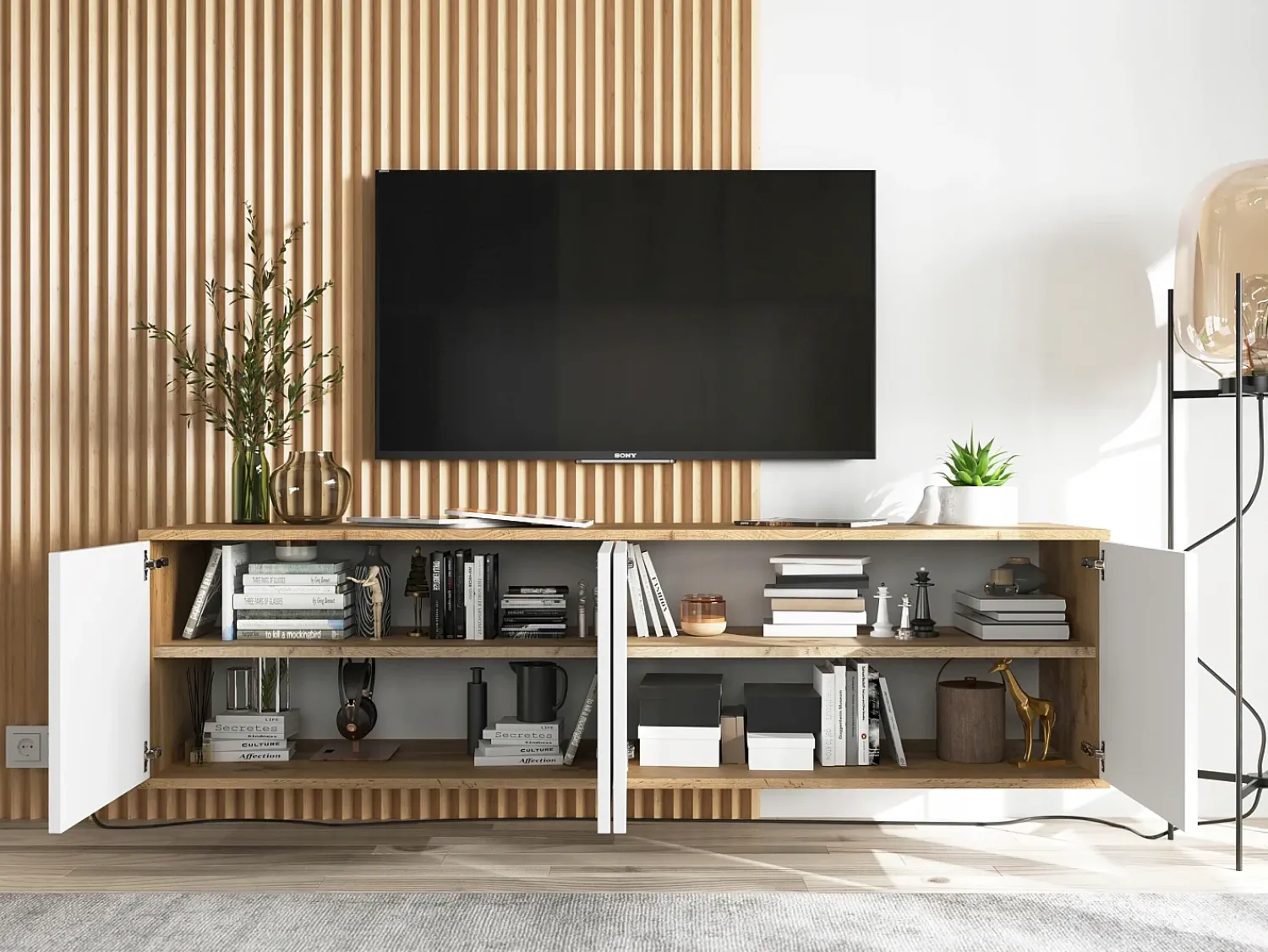 Móvel De Tv* Móvel de TV com 4 portas - corpo carvalho wotan frentes mate - 150 cm Branco