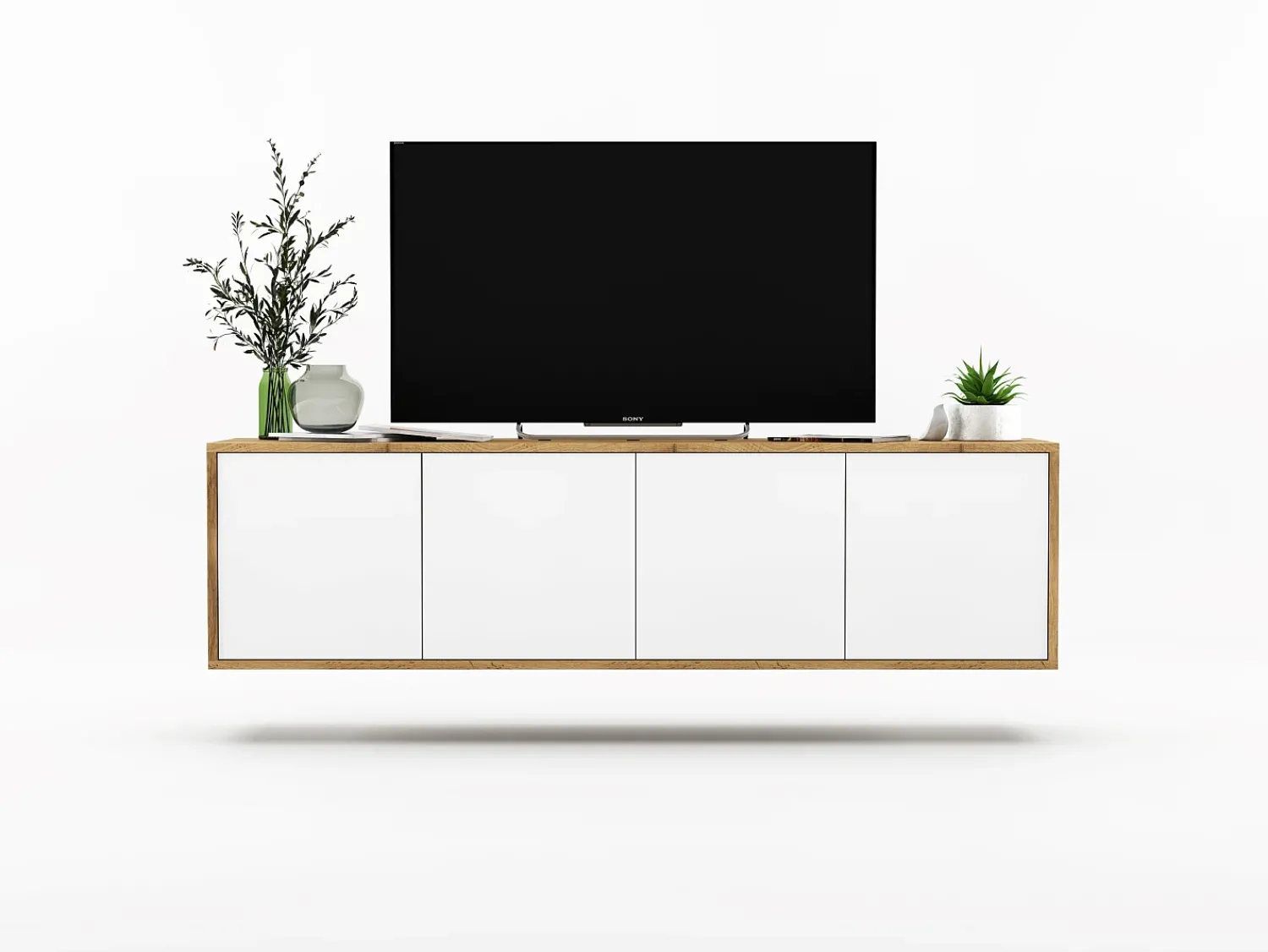 Móvel De Tv* Móvel de TV com 4 portas - corpo carvalho wotan frentes mate - 150 cm Branco