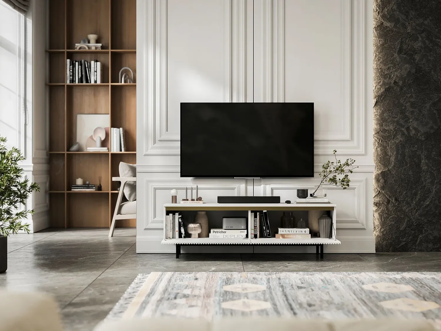 New Móvel de TV com 2 portas - Corpo mate, frentes ranhuradas mate - Estrutura em metal preto, 140 cm Branco