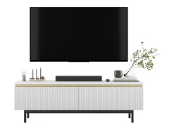 New Móvel de TV com 2 portas - Corpo mate, frentes ranhuradas mate - Estrutura em metal preto, 140 cm Branco