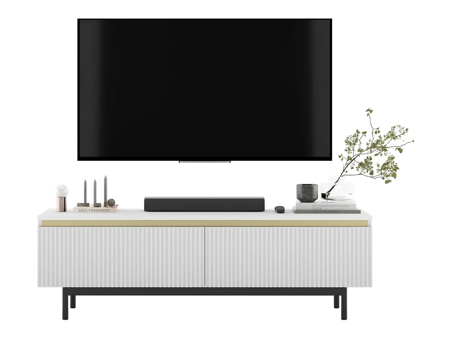 New Móvel de TV com 2 portas - Corpo mate, frentes ranhuradas mate - Estrutura em metal preto, 140 cm Branco