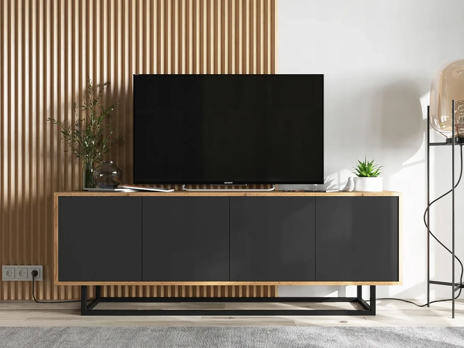 Best Móvel de TV com 4 portas - corpo carvalho wotan frentes mate - 150 cm, estrutura metálica Preto