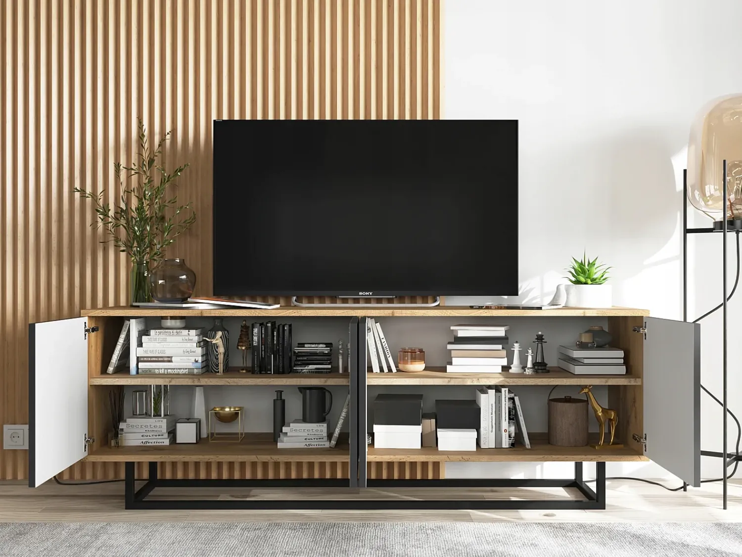 Best Móvel de TV com 4 portas - corpo carvalho wotan frentes mate - 150 cm, estrutura metálica Preto