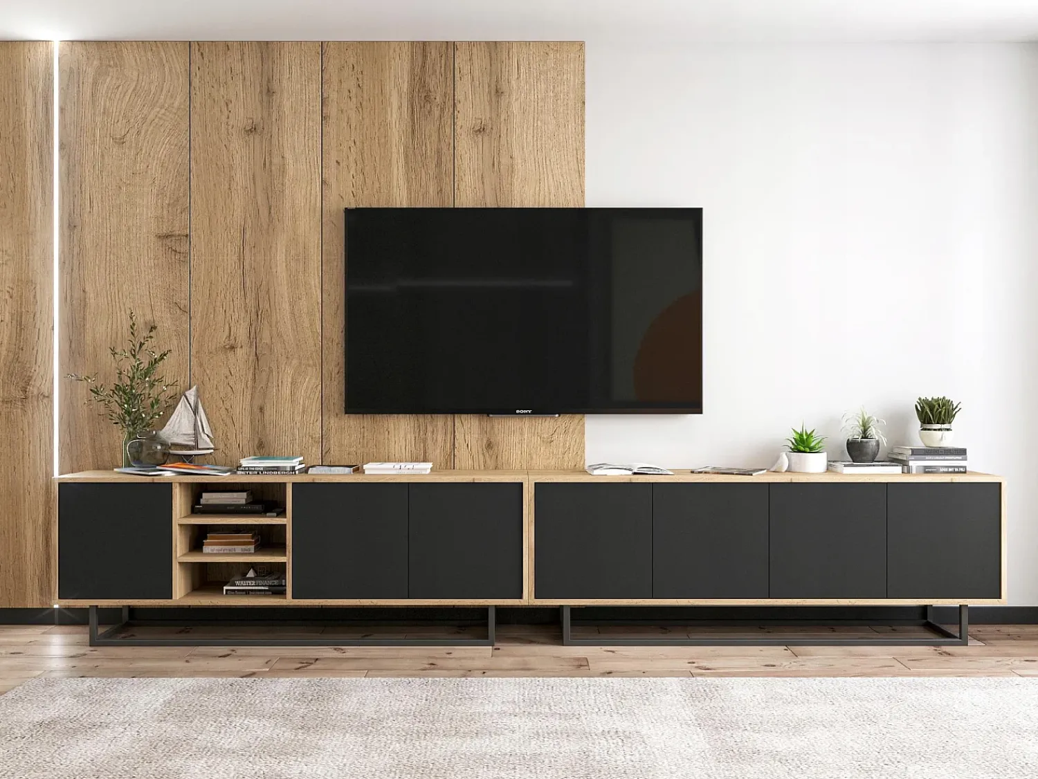 Best Móvel de TV com 4 portas - corpo carvalho wotan frentes mate - 150 cm, estrutura metálica Preto