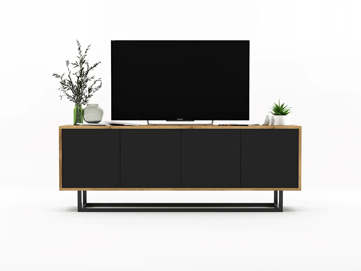 Best Móvel de TV com 4 portas - corpo carvalho wotan frentes mate - 150 cm, estrutura metálica Preto