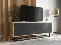 Best Móvel de TV com 4 portas - corpo carvalho wotan frentes mate - 150 cm, estrutura metálica Preto
