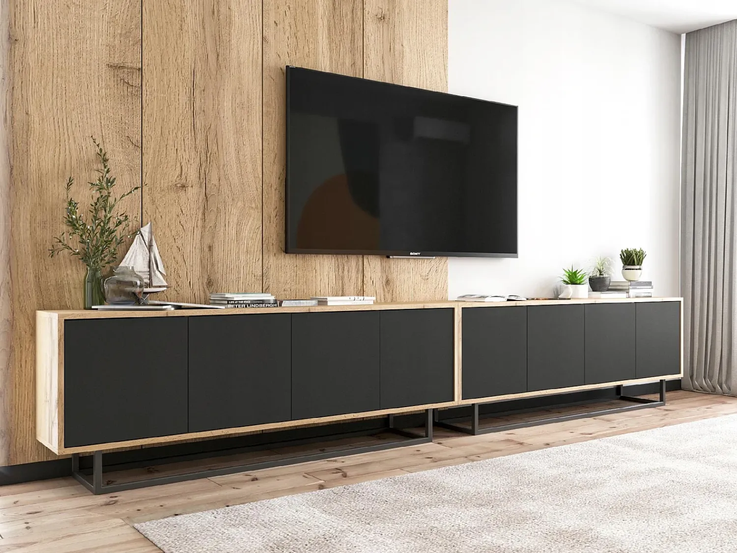 Best Móvel de TV com 4 portas - corpo carvalho wotan frentes mate - 150 cm, estrutura metálica Preto