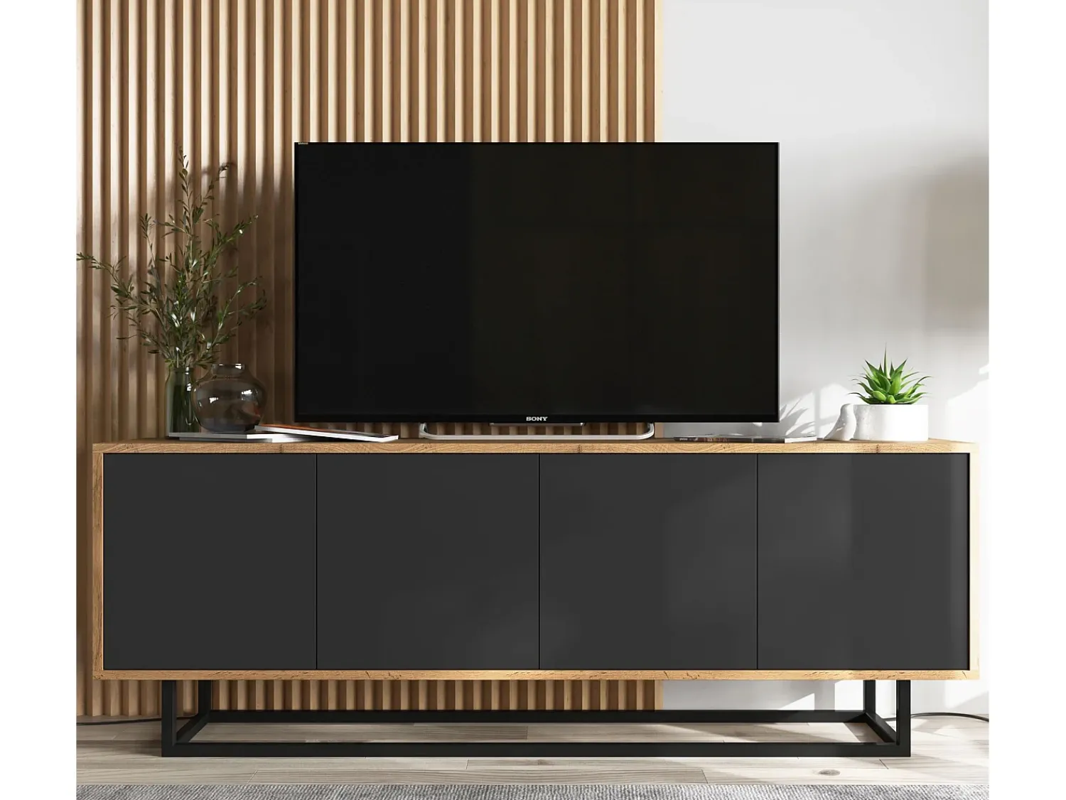 Best Móvel de TV com 4 portas - corpo carvalho wotan frentes mate - 150 cm, estrutura metálica Preto