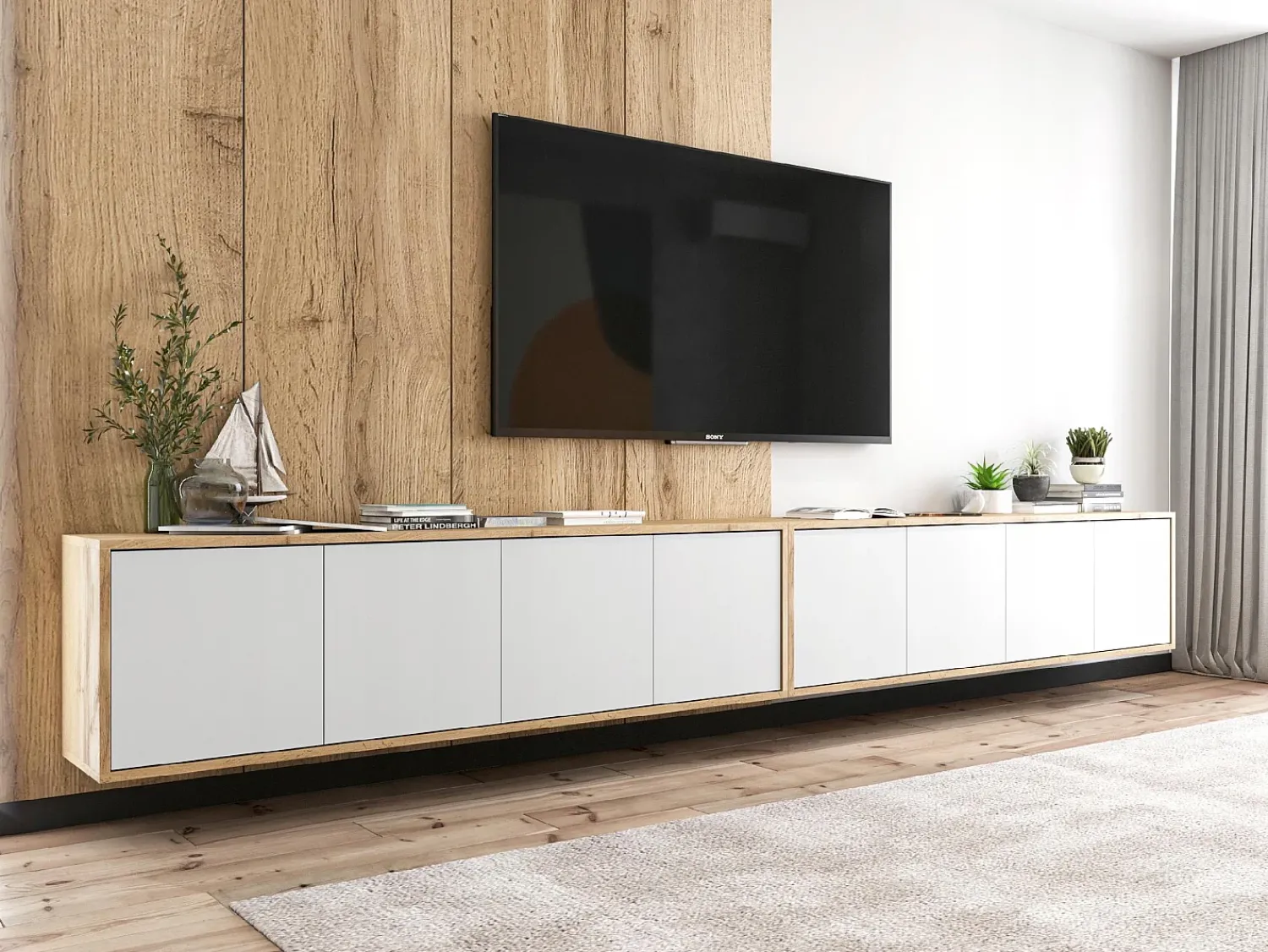 Móvel De Tv| Móvel de TV com 8 portas - corpo carvalho wotan frentes mate - 300 cm Branco