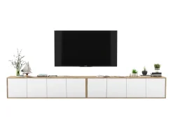 Móvel De Tv| Móvel de TV com 8 portas - corpo carvalho wotan frentes mate - 300 cm Branco