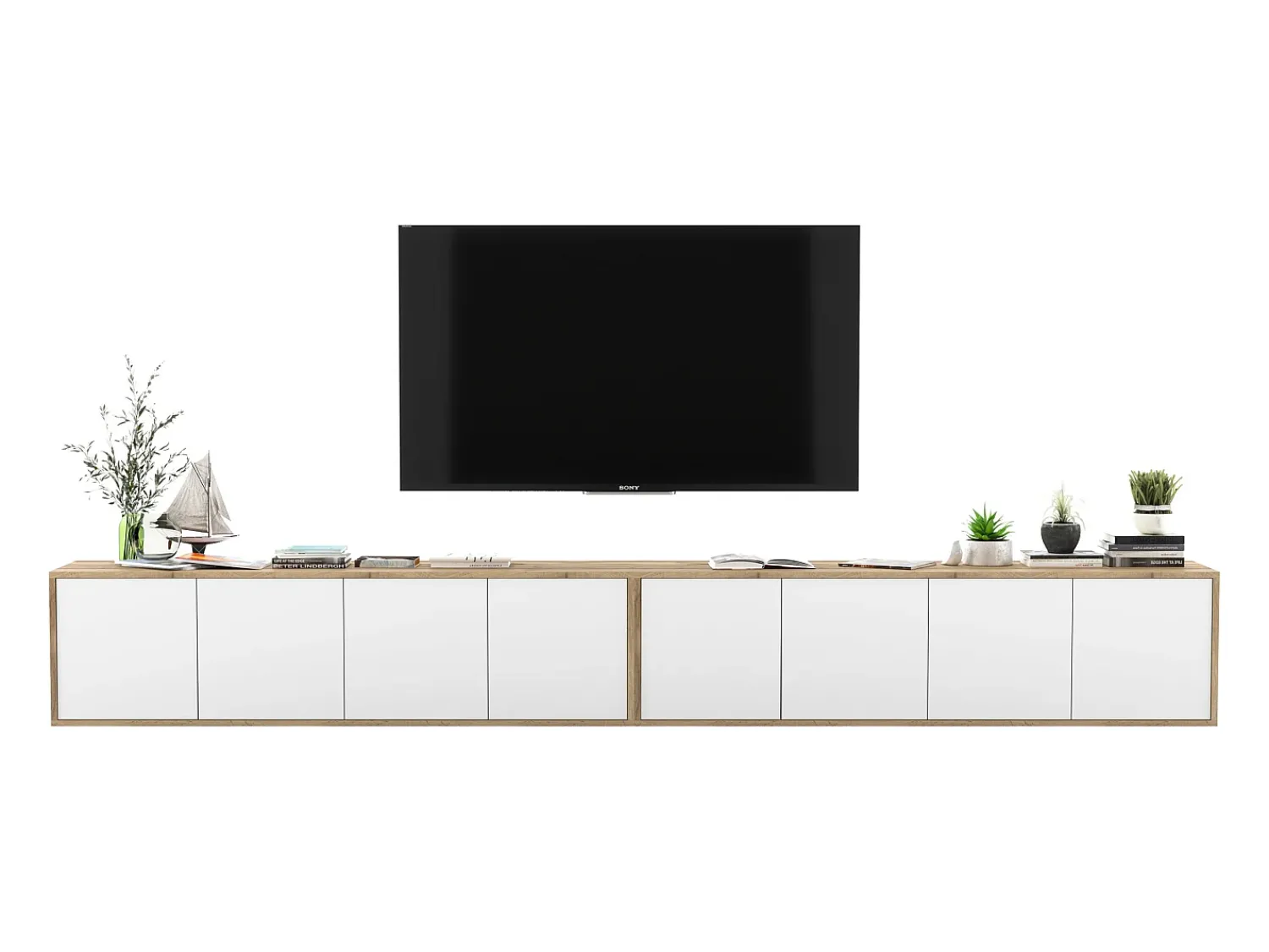 Móvel De Tv| Móvel de TV com 8 portas - corpo carvalho wotan frentes mate - 300 cm Branco