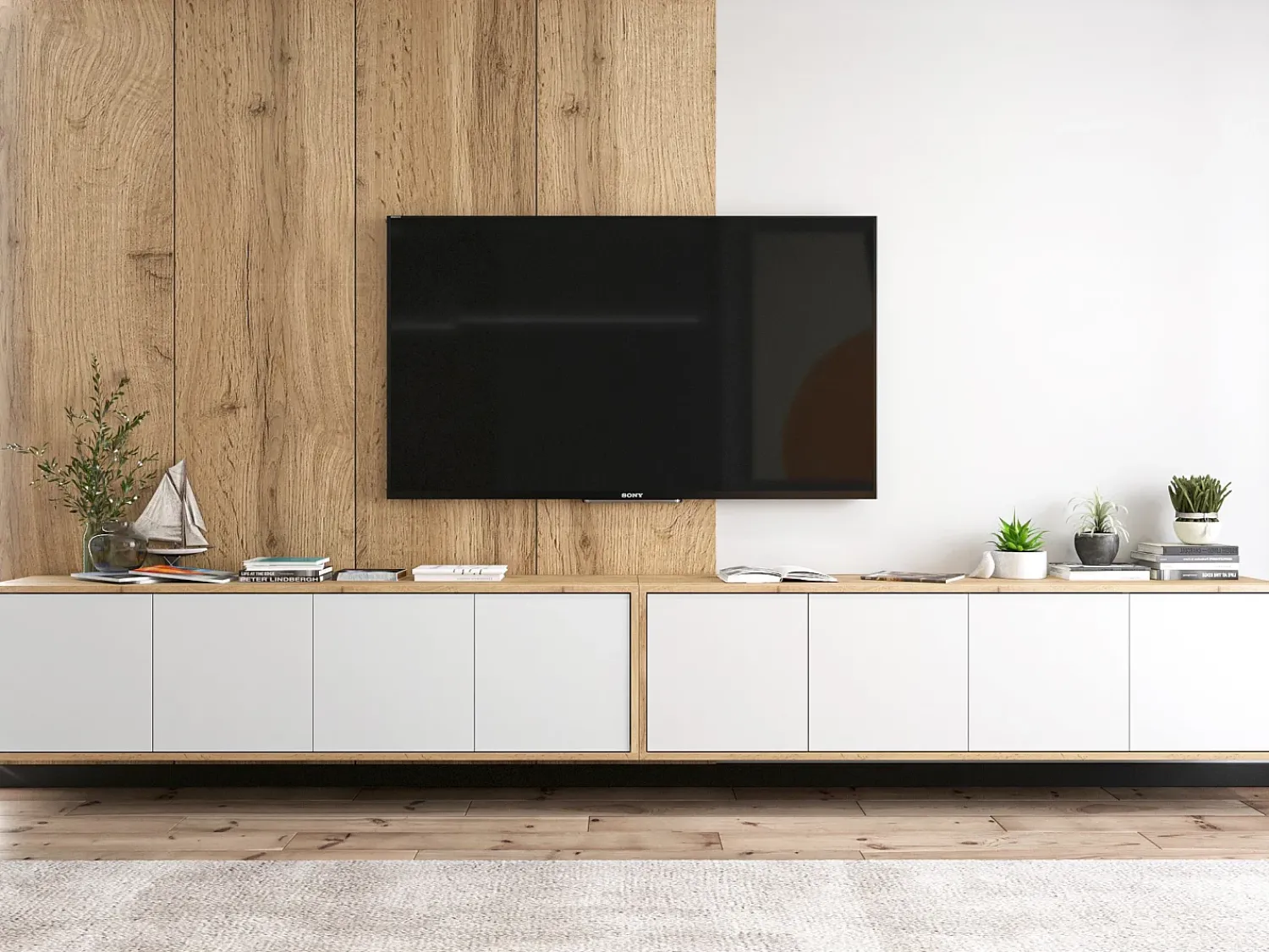 Móvel De Tv| Móvel de TV com 8 portas - corpo carvalho wotan frentes mate - 300 cm Branco