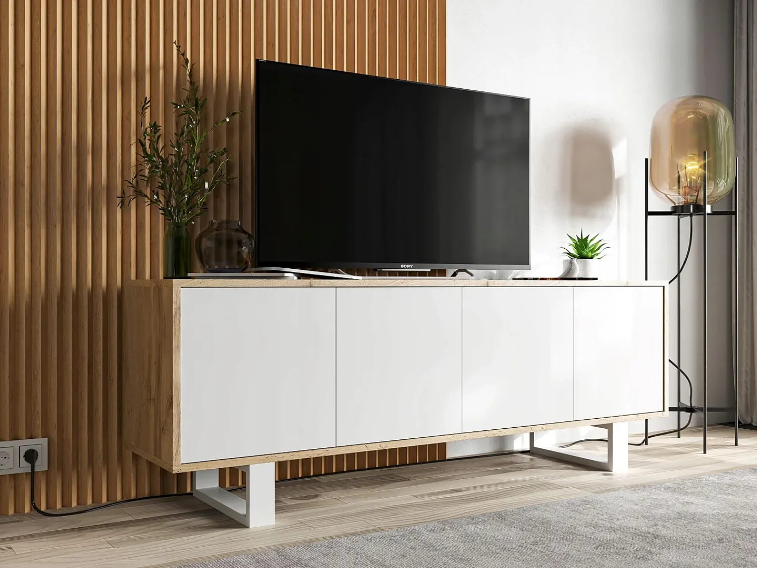 New Móvel de TV com 4 portas - corpo carvalho wotan frentes mate - 150 cm, pés de metal Branco
