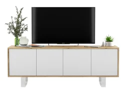 New Móvel de TV com 4 portas - corpo carvalho wotan frentes mate - 150 cm, pés de metal Branco