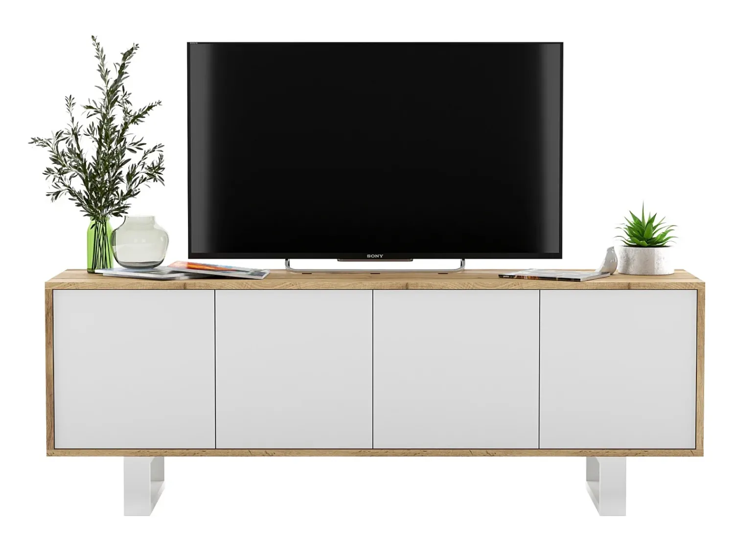 New Móvel de TV com 4 portas - corpo carvalho wotan frentes mate - 150 cm, pés de metal Branco