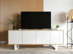 New Móvel de TV com 4 portas - corpo carvalho wotan frentes mate - 150 cm, pés de metal Branco