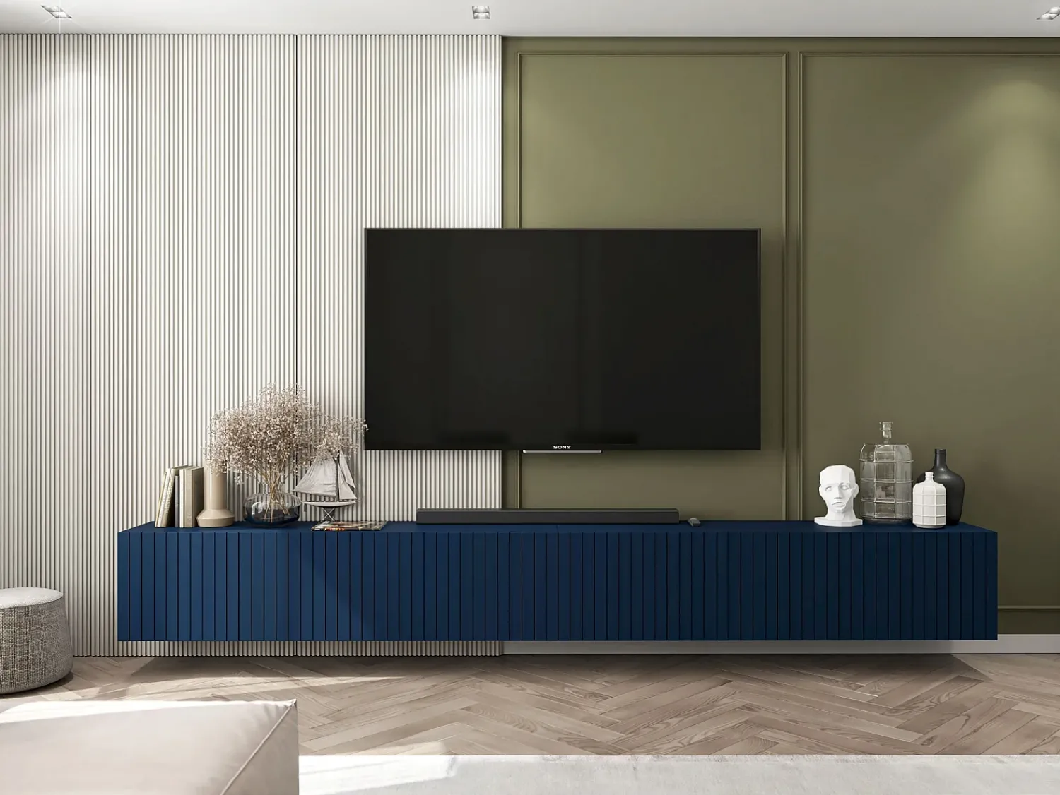 Móvel De Tv| Móvel de TV com 8 portas – Corpo -marinho mate, frentes ranhuradas -marinho mate – 300 cm Azul