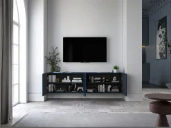Móvel De Tv| Móvel de TV com 8 portas – Corpo -marinho mate, frentes ranhuradas -marinho mate – 300 cm Azul