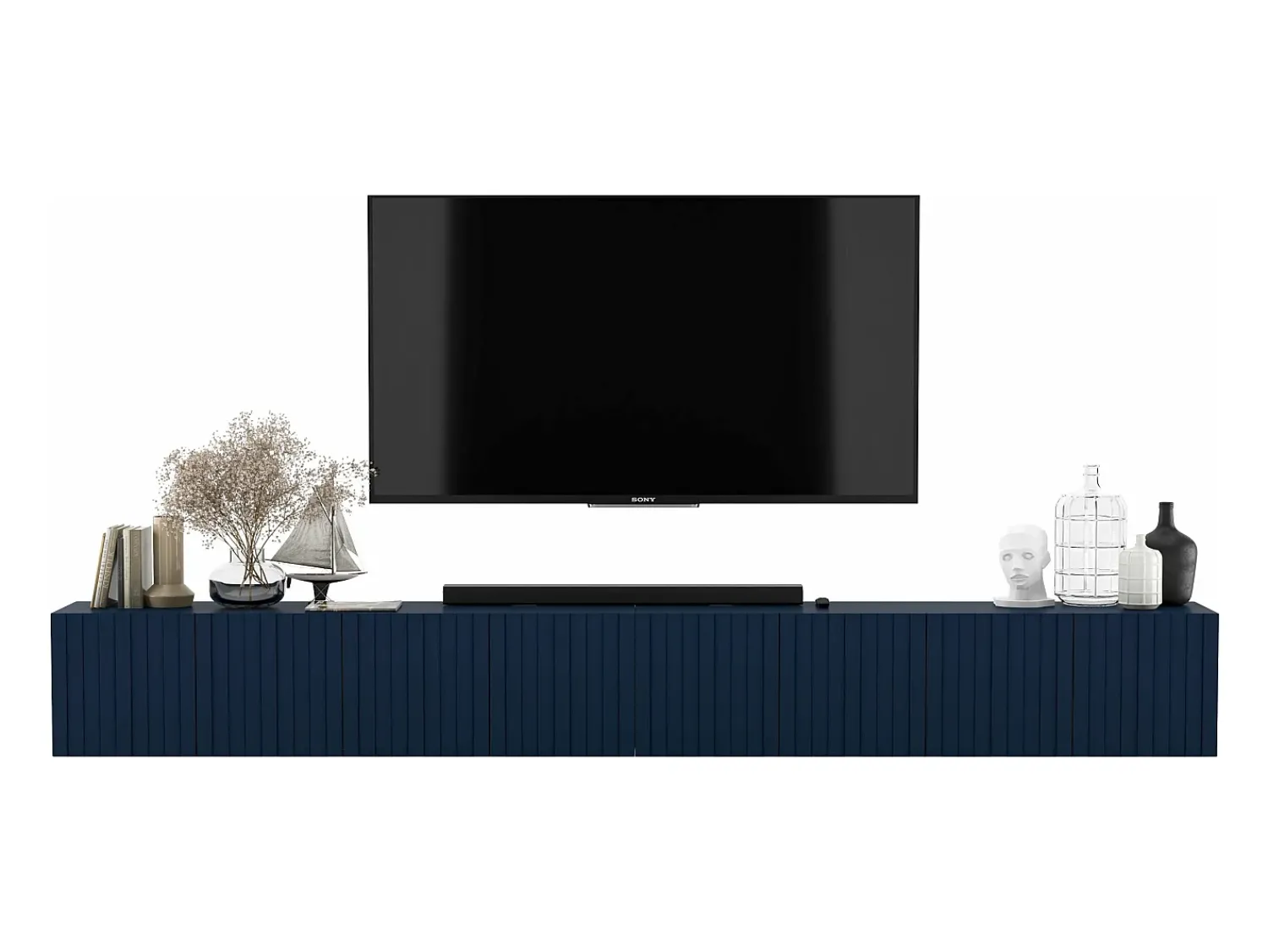 Móvel De Tv| Móvel de TV com 8 portas – Corpo -marinho mate, frentes ranhuradas -marinho mate – 300 cm Azul