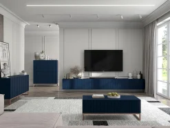 Móvel De Tv| Móvel de TV com 8 portas – Corpo -marinho mate, frentes ranhuradas -marinho mate – 300 cm Azul