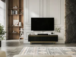 Móvel de TV com 2 portas - Corpo mate, frentes ranhuradas mate - Estrutura em metal dourado, 140 cm^ Móvel De Tv