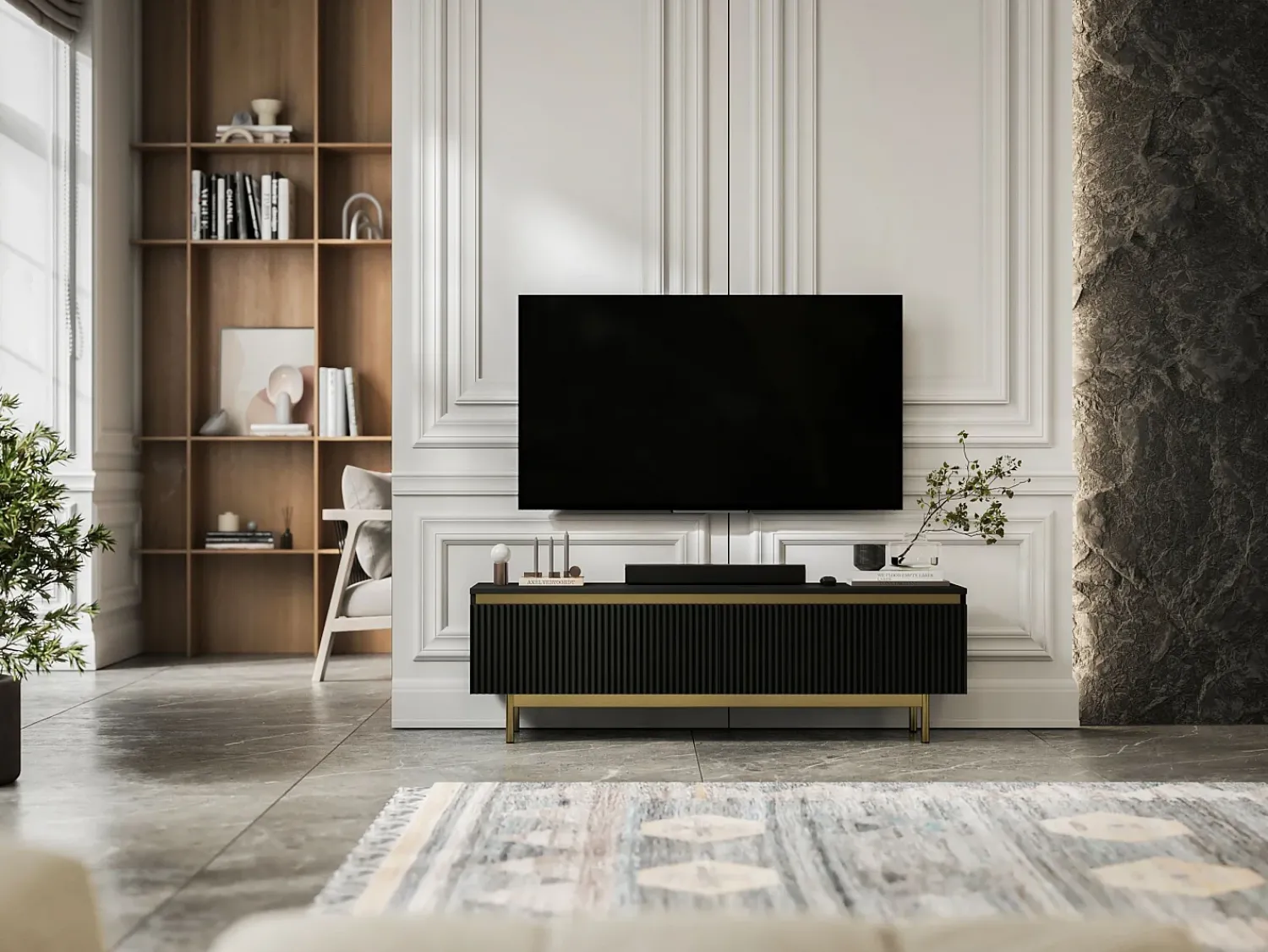 Móvel de TV com 2 portas - Corpo mate, frentes ranhuradas mate - Estrutura em metal dourado, 140 cm^ Móvel De Tv
