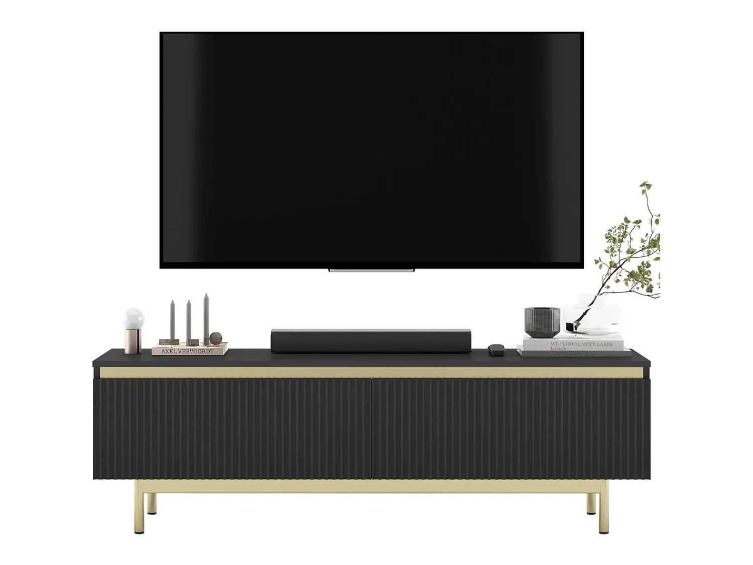 Móvel de TV com 2 portas - Corpo mate, frentes ranhuradas mate - Estrutura em metal dourado, 140 cm^ Móvel De Tv