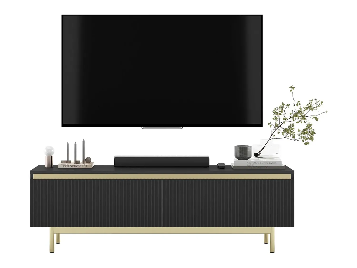 Móvel de TV com 2 portas - Corpo mate, frentes ranhuradas mate - Estrutura em metal dourado, 140 cm^ Móvel De Tv