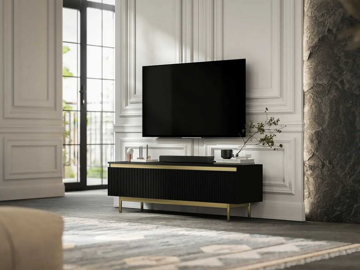 Móvel de TV com 2 portas - Corpo mate, frentes ranhuradas mate - Estrutura em metal dourado, 140 cm^ Móvel De Tv