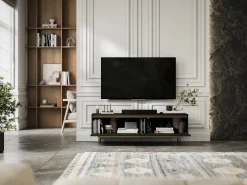 Móvel de TV com 2 portas - Corpo mate, frentes ranhuradas mate - Estrutura em metal dourado, 140 cm^ Móvel De Tv