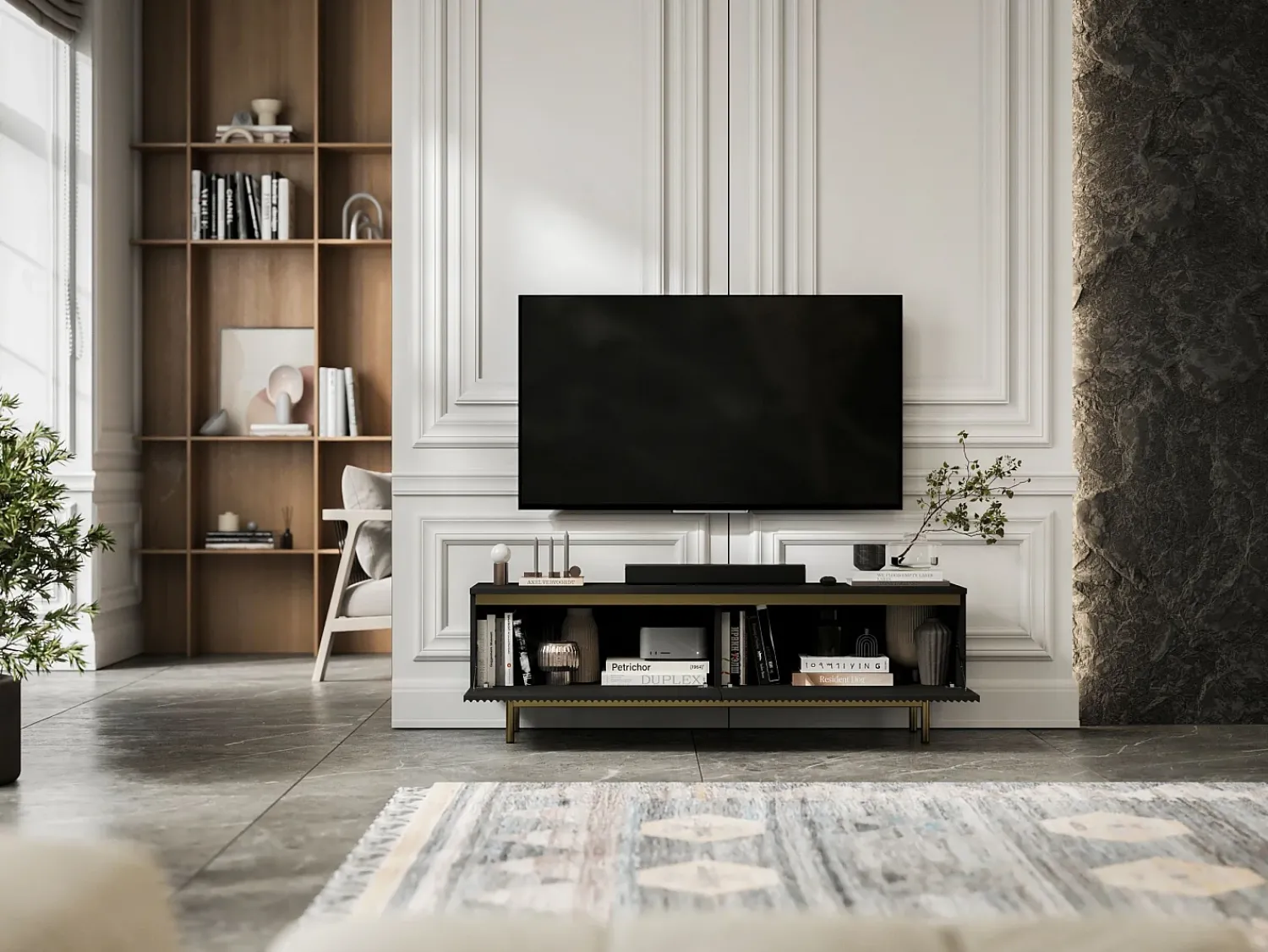 Móvel de TV com 2 portas - Corpo mate, frentes ranhuradas mate - Estrutura em metal dourado, 140 cm^ Móvel De Tv