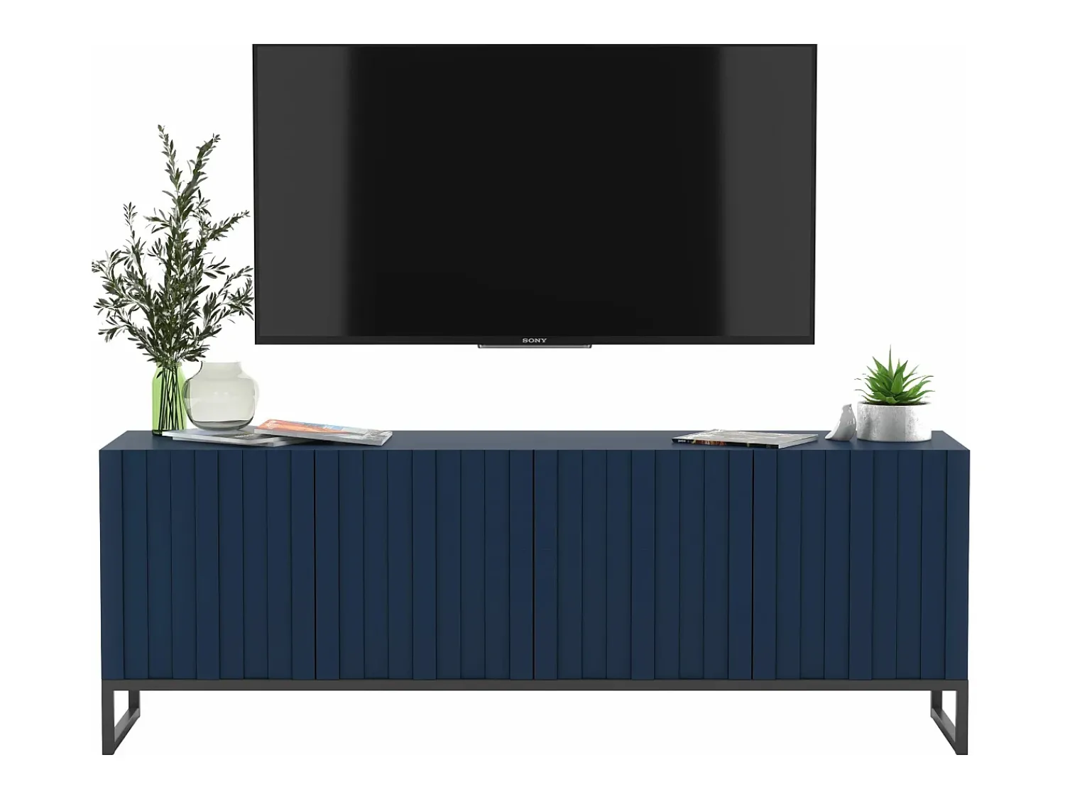 Móvel De Tv* Móvel de TV com 4 portas – Corpo marinho mate, frentes caneladas marinho mate – 150 cm, estrutura em metal preto Azul