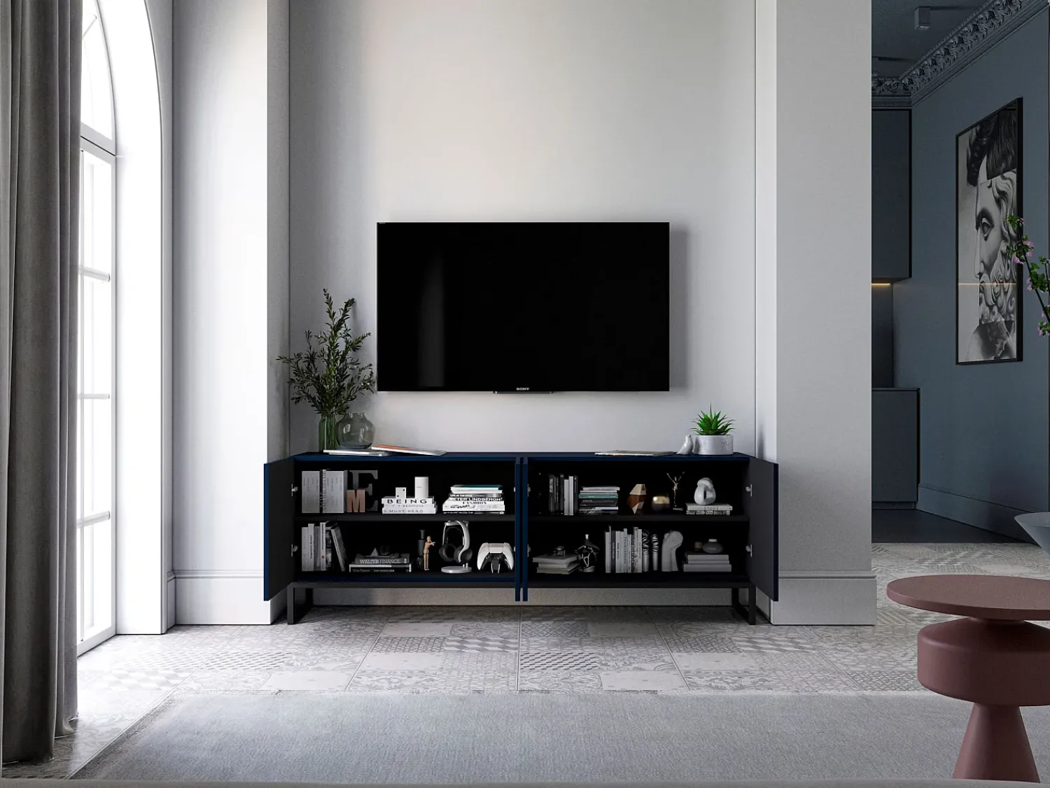 Móvel De Tv* Móvel de TV com 4 portas – Corpo marinho mate, frentes caneladas marinho mate – 150 cm, estrutura em metal preto Azul