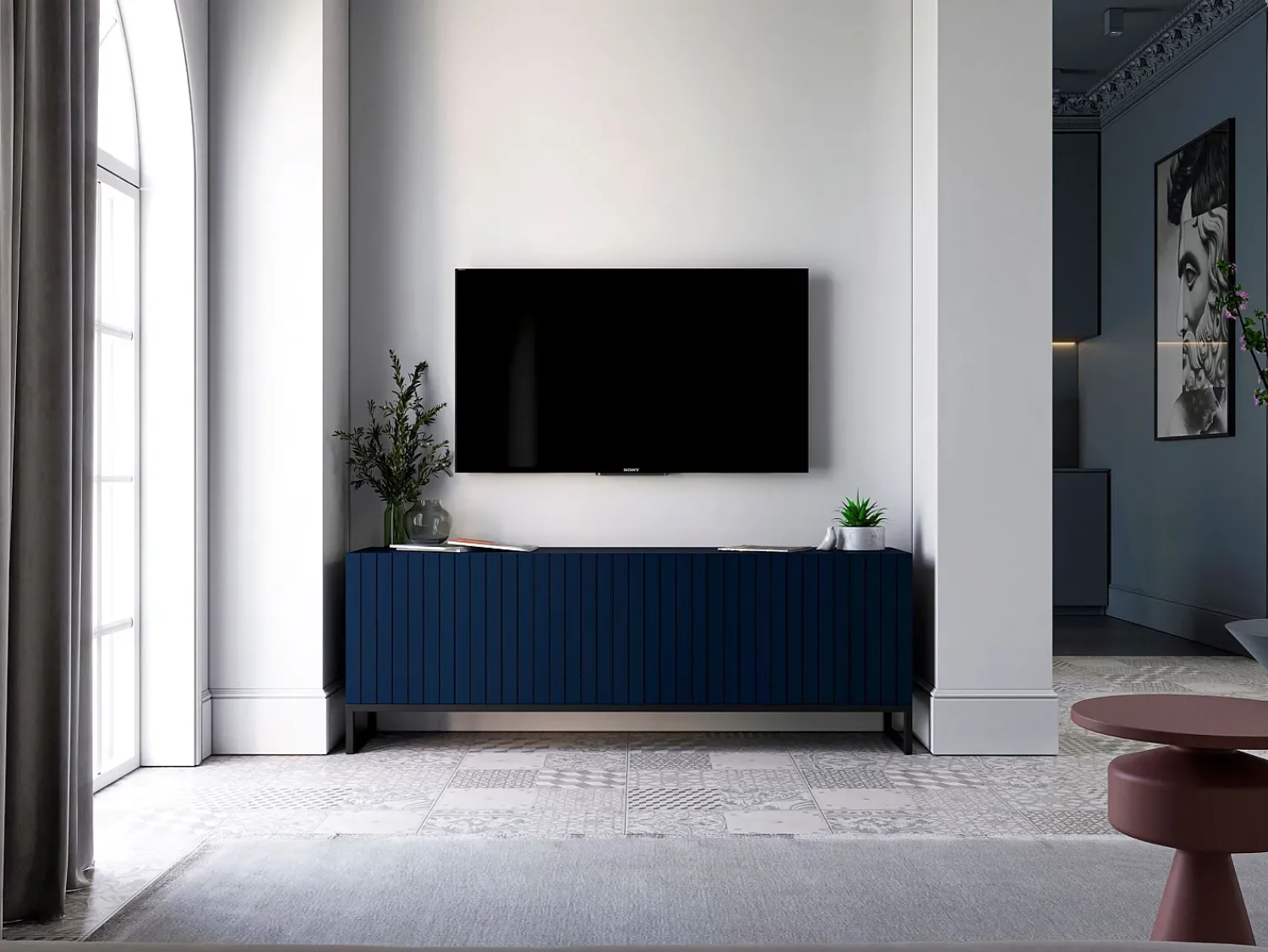 Móvel De Tv* Móvel de TV com 4 portas – Corpo marinho mate, frentes caneladas marinho mate – 150 cm, estrutura em metal preto Azul