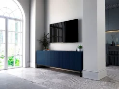 Móvel De Tv* Móvel de TV com 4 portas – Corpo marinho mate, frentes caneladas marinho mate – 150 cm, estrutura em metal preto Azul