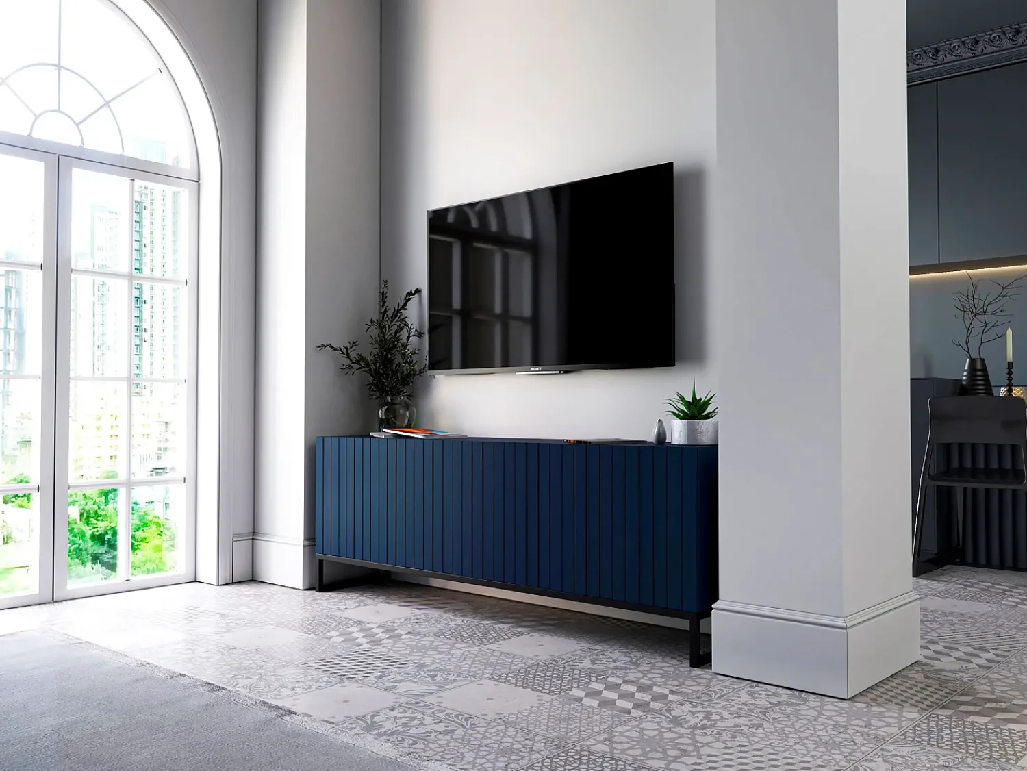 Móvel De Tv* Móvel de TV com 4 portas – Corpo marinho mate, frentes caneladas marinho mate – 150 cm, estrutura em metal preto Azul
