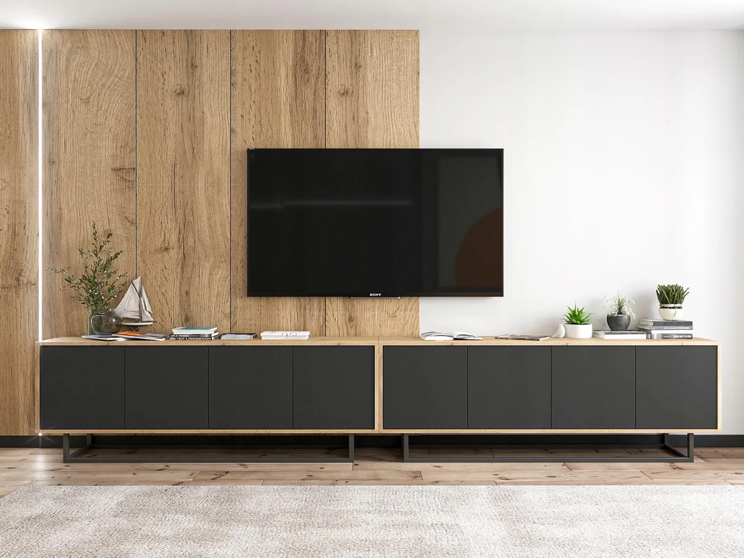 Móvel de TV com 8 portas - corpo carvalho wotan, frentes mate - 300 cm, estrutura metálica^ Móvel De Tv